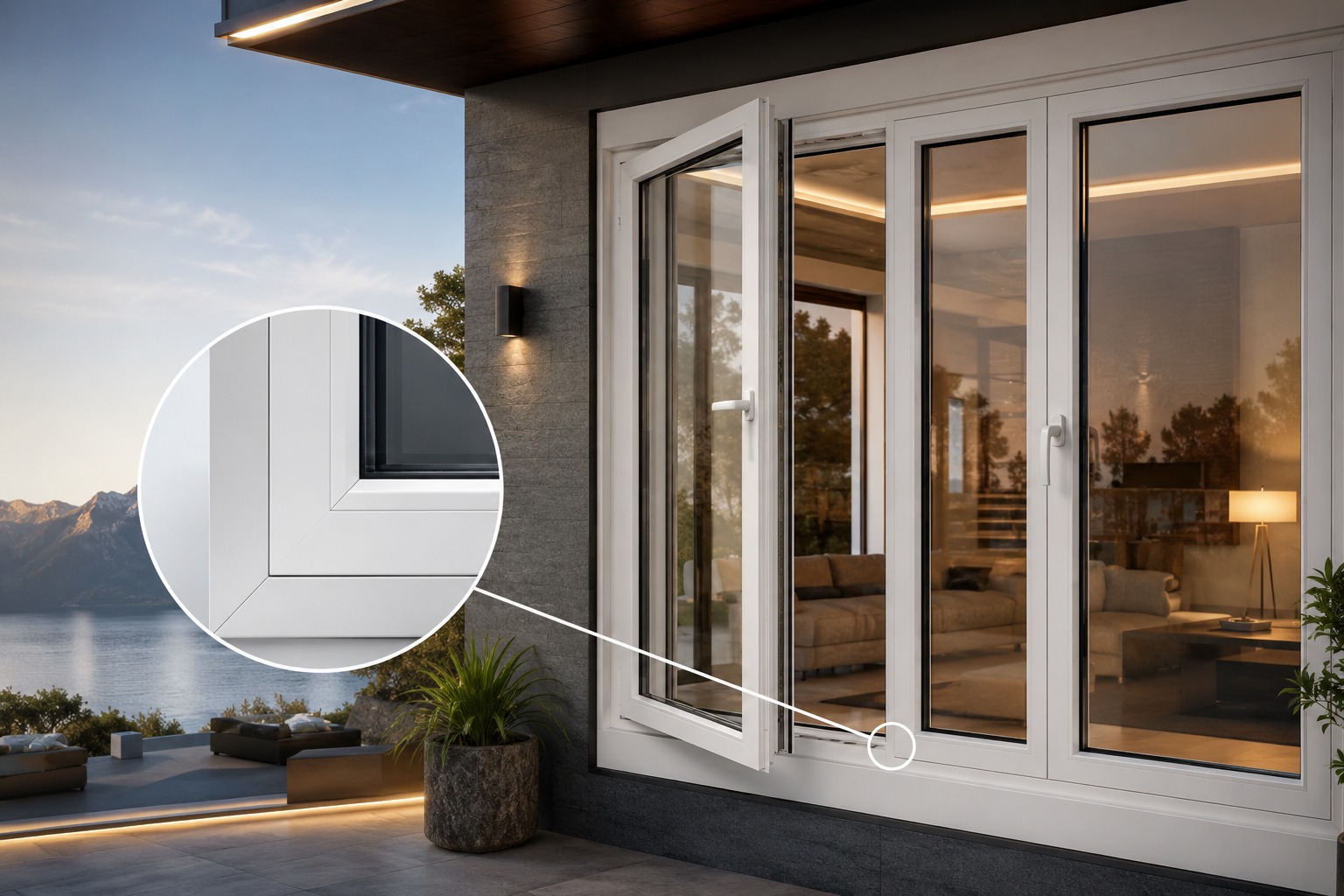 Close-up of a white uPVC window frame corner — cut at 45 degrees and heat-welded.